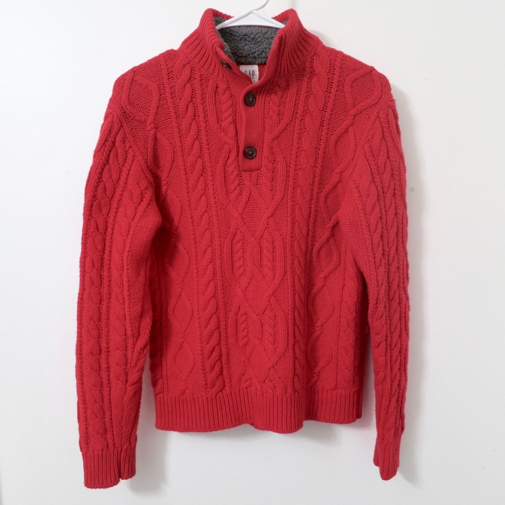 Gap Kids Red Cable Knit Pullover Sweater Sherpa Lined Collar XL Boys